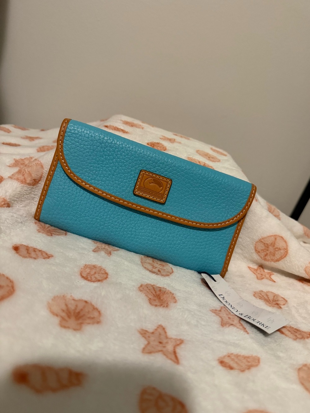 Dooney & Bourke Turquoise Genuine Pebbled Leather Wallet with Tan Trim
